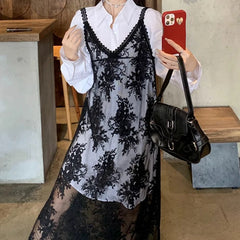 Lunivop Lace Floral Transparent Dresses Women Black Sexy Long Dress Korean Sleeveless Holiday Dress Vacation Streetwear Party