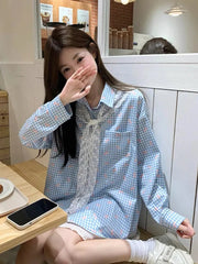Lunivop Bow Print Plaid Shirts Women Casual Sweet Lace Shawl Long Sleeve Blouse Korean Fashion Loose Preppy Style Cute Chic Tops