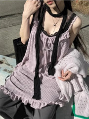 Lunivop Harajuku Japanese Style Tank Tops Women Vintage Polka Dot Ruffle Sleeveless Mesh Dress Sexy See-through Layered Wear