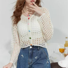 Lunivop Crochet Cardigan Women Multicolor Heart Button Front Long Sleeve Sheer Openwork Knit Top Jacket Teen-girl Boho Vacation Outfit