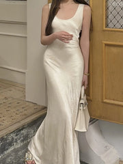Lunivop New Satin Solid Elegant Chic Mermaid Dresses Spring SummerSleeveless Bodycon Slim Wasit Evening Wedding Party Woman Dress