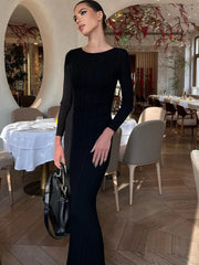 Lunivop Knitted Round Neck Ruched Women Maxi Dress Blue Long Sleeve High Waist Dress Femme Autumn Skinny Casual Party Streetwear