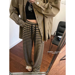 Lunivop Women 2024 Summer Fashion High Waist Elastic Striped Pants Female Ice Silk Loose Wide-leg Pants Ladies Straight Casual Trousers