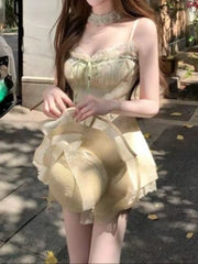 Lunivop Summer French Sweet Dress Women Slim Waist Cinched Lace Spaghetti Strap Floral Dress Vintage Fresh Fashion Birthday Party Dress