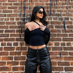 Lunivop Women's Europe and the United States fall women's fashion navel strapless irregular split hand sleeve Slim sexy T-shirt female