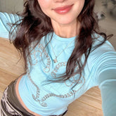 Lunivop Y2k Aesthetic Diamond Love Grunge T-Shirts Women Vintage Blue Streetwear Cropped T-shirt 2024 Autumn Harajuku Bodycon Fairy Tops