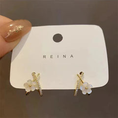 Lunivop Korean Trendy Simple Flower Zircon Cross Earrings for Women Exquisite Alloy Studs Sweet Elegant Party Jewelry Gifts