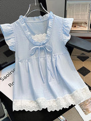 Lunivop Sweet Lace Patchwork Tanks Women Loose Flying Sleeve Elegant Tanks Tops Vintage Casual Female Korean Summer Retro Tops New