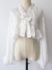 Lunivop Lolita Sweet Sun Proof Shirt Women Cute Bow Lantern Sleeve Cropped Blouse Japan Kawaii Casual Elegant Jk Open Stitch Tops