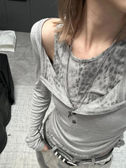 Lunivop Gray Leopard Print Off Shoulder Long Sleeve T-shirts Women Harajuku Slim Fit Base Short Tops Vintage Punk Y2k Goth Tees