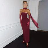 Lunivop Elegant Strapless Maxi Dresses Woman New Ruched Bodycon Backless Long Dress Burgundy Evening Prom Dress With Glove