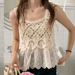 Lunivop Women Crochet Tank Top with Eyelet Lace Trim Sleeveless Square Neck Cami Top Summer Bohemian Beach Vacation Outfit