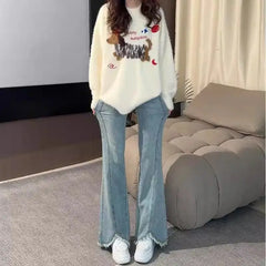Lunivop Light Blue Frayed Hem Design Micro Flare Jeans Plus Size for Pear Shaped Fat MM High Waist Slim Fit Pants