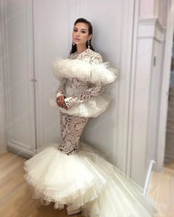 Lunivop Luxury Lace Korea Mermaid Wedding Dresses Lace Beading Ruffles Tulle Bridal Gown Photos Shoot Long Sleeve Bride Dress