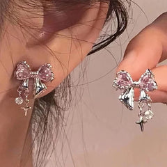 Lunivop 6PCS Fashion Cute Pink Crystal Bowknot Heart Star Shape Stud Earirngs Sets For Women Girls Ears Jewelry Party Y2k Accessories