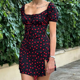 Lunivop French Retro Black Print Bow Square Collar Short Elastic Puff Dress Women Zipper Back Slim Waist Slit Hem Mini Dresses Robe Blue