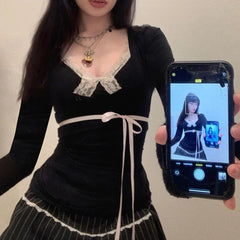 Lunivop Y2K Lace Patchwork Top Contrast Color Women Autumn Spring Ribbon Lace-up Bow Coquette T-shirts Cute Causal Basics Tees