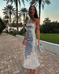 Lunivop Glitter Spaghetti Strap Sequined Party Dress Silver Sequins Mermaid Dresses Women Sexy Sleeveless Ankle Length Dress Summer