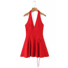 Lunivop Sexy Red Halter Dress Women Slim Low Waist Spliced 3D Flower Swing A-lined Backless Short Dresses Summer Robe