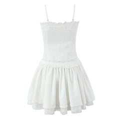 Lunivop Sexy Beige White Lace Spliced Sling Dress Women Low waist A-line Summer Short Dresses Holiday Party Robe Cotton