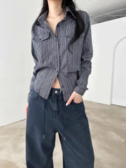 Lunivop Korean Y2k Aesthetic Women Striped Blouse Casual Single Breasted Slim Fit Grunge Shirt Harajuku Office Streetwear Blusas Camisas