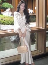 Lunivop Elegant Bodycon Satin Midi Dresses for Women Autumn Lantern Sleeve V-Neck Lace-up Mermaid Evening Party Dress Robe Vestidos New