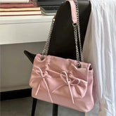 Lunivop Sweet Bow Pink Shoulder Bags Women Fairy Core Chain Chic Y2k Handbag Female Lolita Harajuku Messenger Bag Aesthetic