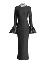 Lunivop Woemn's Evening Dress Diamonds Collar Flare Long Sleeve High Waist Sliming Elegant Party Dress 2025 New Clothing