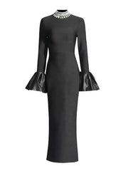 Lunivop Woemn's Evening Dress Diamonds Collar Flare Long Sleeve High Waist Sliming Elegant Party Dress 2025 New Clothing