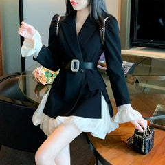 Lunivop Elegant Vintage Diamond Slim Fit Long Sleeve Black Coat Women+ High Waist Patchwork Skirts Early Autum New Two Piece Sets