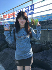 Lunivop Y2k Aesthetic Vintage Letter Printing Tees Streetwear Casual Patchwork Slash Neck Tshirts Women Harajuku Grunge Bottoming Tops