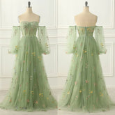 Lunivop High Quality Sweetheart Floor Length Tulle Appliques Three Quarter Backless Zipper Up Green Robe Pour Mariage
