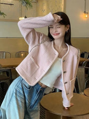 Lunivop Pink Sweet Tweed Jackets Women Vintage O Neck Cute Elegant Long Sleeve Short Coats Retro Casual Single Breasted Pockets Outwear