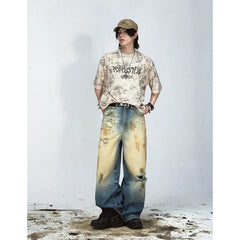 Lunivop Women's Blue Print Ripped Jeans Harajuku Y2k 2000s Style Baggy Denim Trousers Vintage Punk Trashy Oversize Jean Pants