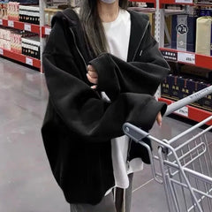 Lunivop Women Hoodies Autumn Retro Solid Color Zip Up Oversized Sweatshirts Harajuku Long Sleeve Hooded Jackets Coat DF4963