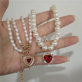 Lunivop Kpop Vintage Red Love Heart Pendant Zircon Pearl Chain Choker Necklace For Women Party Aesthetic Jewelry Christmas Gift Hot Sale