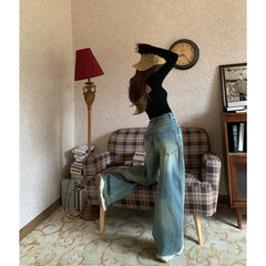 Lunivop High Waist Blue Women's Jeans Vintage Streetwear American Style 90s Y2K Wide Leg Design Sense Trouser Classic Baggy Denim Pants