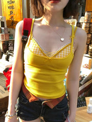 Lunivop Sweet Plaid Patchwork Cross Camisole Vest 2025 Summer New All-match Tank Top Fashion Sexy Slim Fit Sleeveless Top for Women