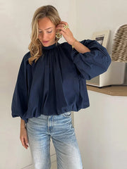 Lunivop Fashion Women's Bowknot Shirt Pleated Long Sleeve O-Neck Backless Lady Shirts Solid Spring Summer Elegant Women Loose Top 2025