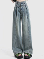 Lunivop Women Korean Pleated Jeans Girls High Waist Washed Wide Leg Pants Lady Fashion Loose Retro Blue Light Blue Denim Trousers