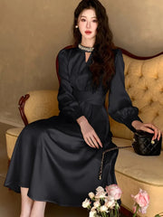 Lunivop Elegant French Satin Vintage Midi Dress Spring New Office Lady Lace-up Long Sleeves Slim Wasit Korean Chic Vestidos Basics