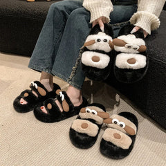 Lunivop Women Fur Warm Winter Furry Fur Shoes Fluffy Plush Slippers Fashion Cute Dog Home Shoes Bedroom Slippers Ladies Non-slip Slides