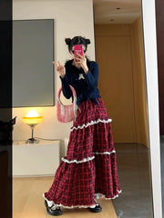 Lunivop Vintage Y2k Long Skirt Women Red Harajuku Streetwear Plaid Skirt Korean Style Retro Patchwork Ruffle Skirts Aesthetics