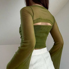 Lunivop Aesthetic Vintage Women 2 Piece Sets Strapless Tank Top With Sexy Mesh Sheer Flare Long Sleeve Shawl Street Outfit