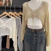 Lunivop Crochet Crop Tie Front Cardigan Women Long Sleeve Sheer OpenKnit Bolero Shrug Top Summer Beach Bikini Cover Up Y2K Outfit