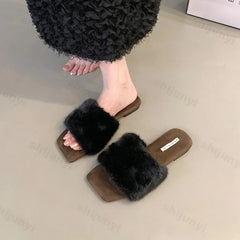 Lunivop Plush House Slippers for Women Flat Sandals New Fashion Leopard Fuzzy Open Toe Slippers Anti Skid Ladies Slip on Mules