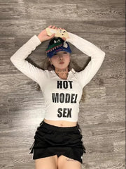Lunivop Hooded Cat Ear Tshirts Y2k Letter High Waist White Sexy Tees Korean Slim Vintage Crop Tops Women Hiphop Grunge Camisetas