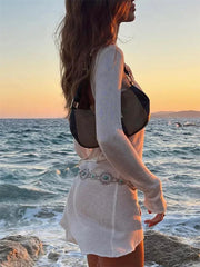Lunivop White Summer Mini Dress Cover up Women Backless Beach Holiday Slim See-Through Dress Clothes Mesh Ladies Dress Cover up