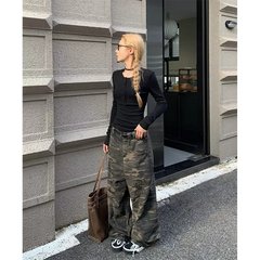 Lunivop Autumn Camouflage Cargo Pants Women Y2K Streetwear High Rise Jeans Retro Wide Leg Trousers Denim Straight Trousers Harajuku