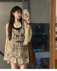 Lunivop Crochet Tunic Top Boho Women Summer Beach Wear Lantern Sleeve Tassel V-Neck Open Knit Top